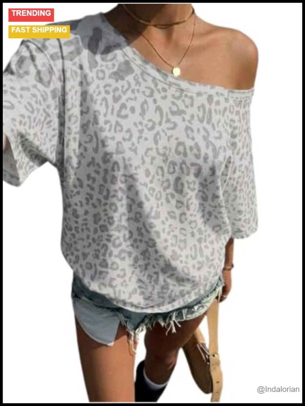 Destime One Shoulder Leopard Print Loose Fit Short Sleeve Tee